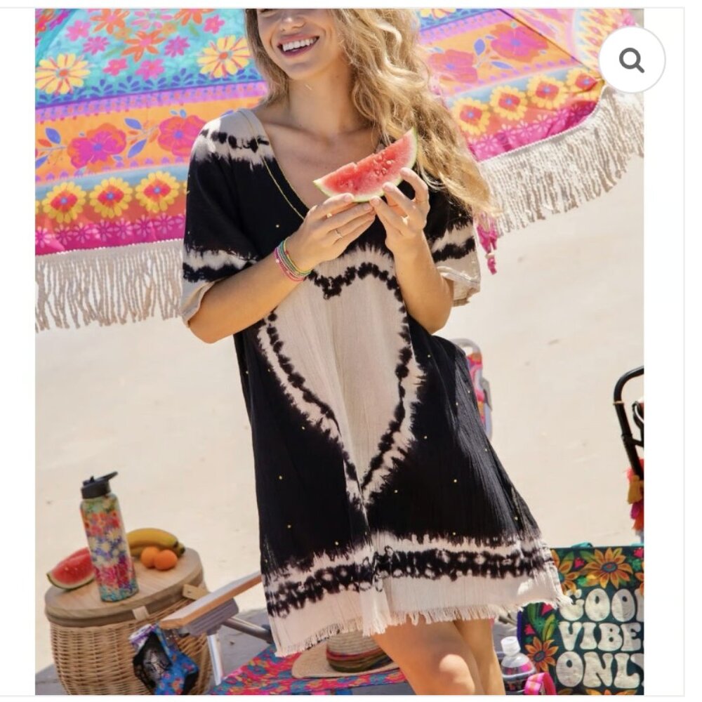 Natural Life Sayulita Kaftan Tie Dye One Size Bohemian Brown Summer Heart Beach